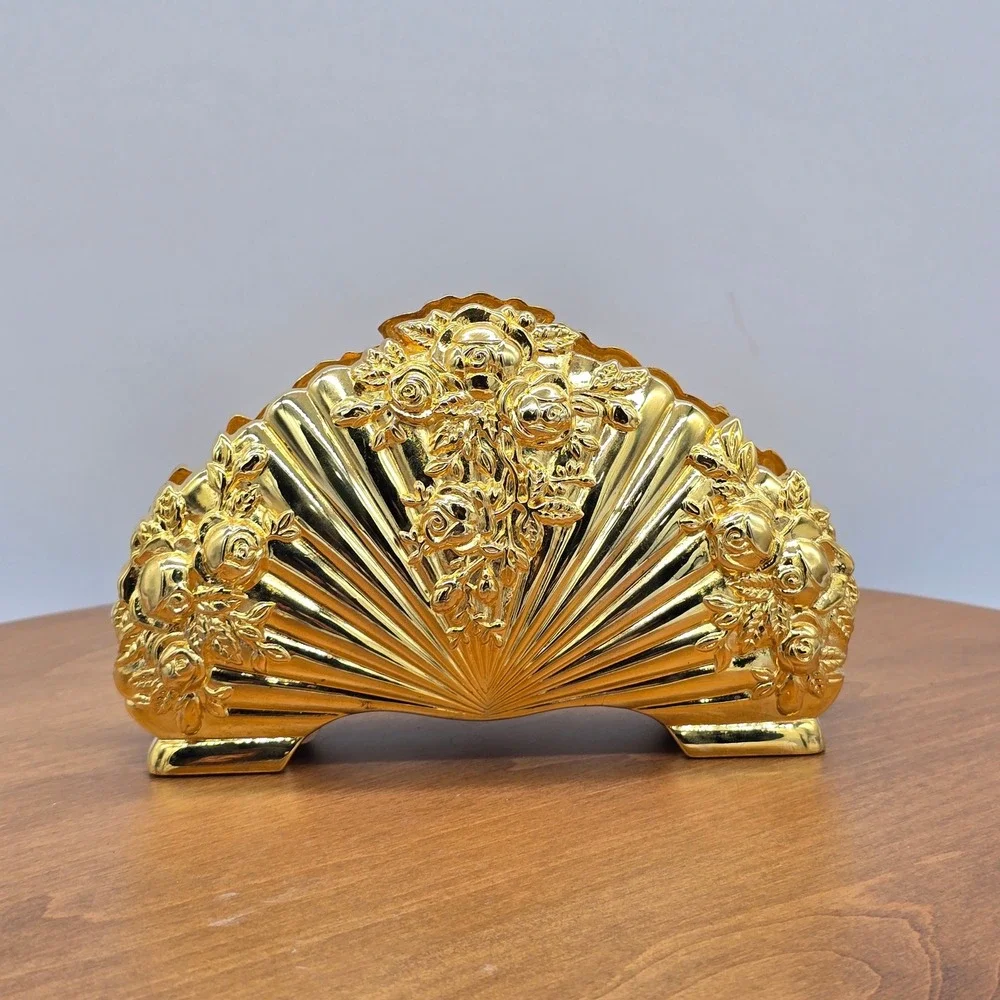 Royal Doulton‎ Gold Fan Rose Napkin Holder Elegant Ornate Table Decor
